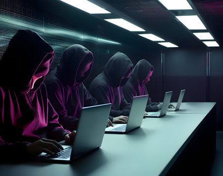 Hackers without face wearing hoodies. Concept of hacker group, organization or association.の素材