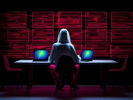Anonymous modernized hacker with hoodie. Concept and idea of hacking cybersecurity, cybercrime, cyberattack, etc.の素材