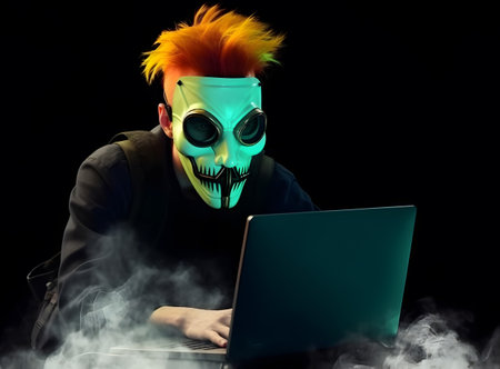 Anonymous hacker using computer. Concept and idea of dark web, hacking cybersecurity, cybercrime, cyberattack, etc.の素材
