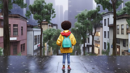 Back view of cute child with raincoat and backpack during rainy season in town. Concept of back to school.の素材