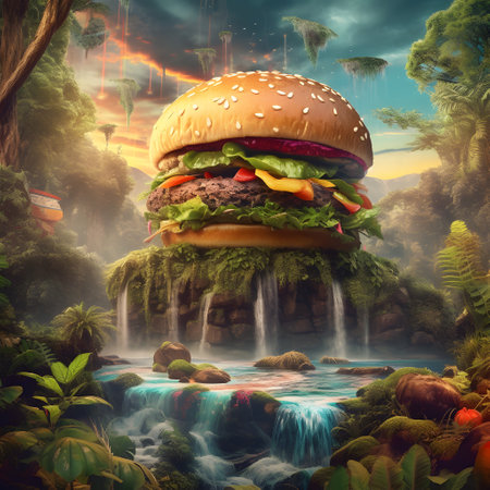 Giant burger with delicious ingredients in the beautiful jungle.の素材