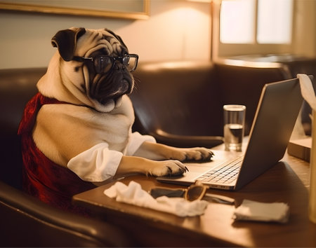Busy pet pug dog. Concept of hardworking or work from home.の素材