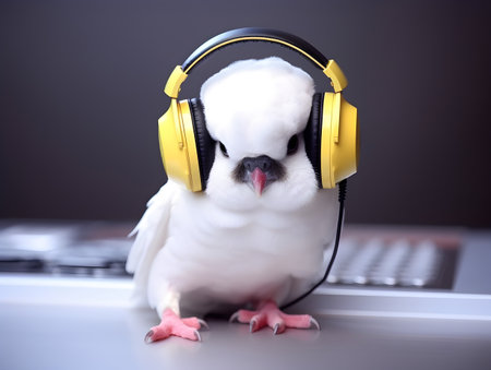 Cute and adorable parrot bird with earphone in the head.の素材