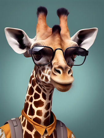 Fashionable giraffe with sunglasses wearing leather jacket.の素材