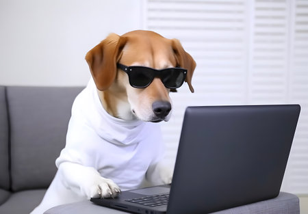 Busy pet dog. Concept and idea of hardworking or work from home.の素材