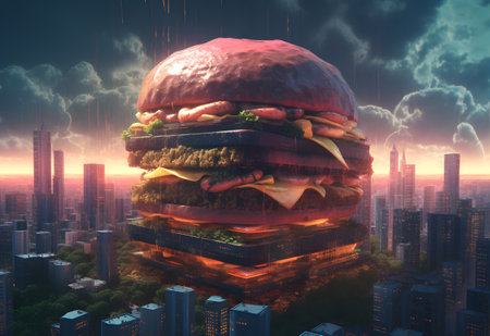 Giant burger shaped building with delicious ingredients over a city.の素材