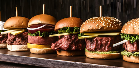 Closeup view of delicious hamburgers sorted on the table.の素材