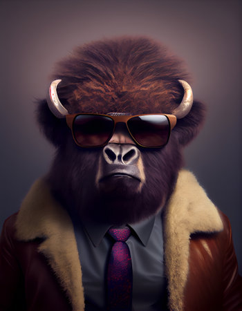 Gangster bison or buffalo with fashionable suit coat.の素材