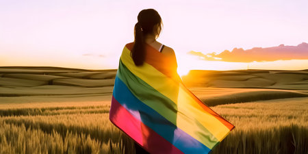Back view of girl wrapped in pride flag. Concept of LGBT pride, diversity of the LGBTQ community, the spectrum of human sexuality and gender.の素材