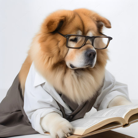 Cute chow chow pet dog with eyeglasses and opened book.の素材