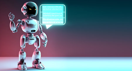 Futuristic robot with chat box. Concept of chatbot with artificial intelligence or ai assistant.の素材
