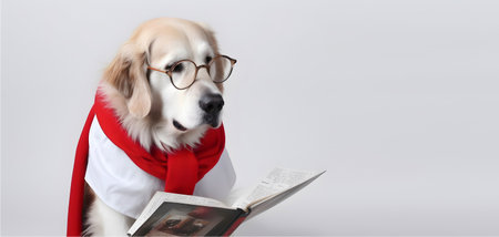Cute pet dog with eyeglasses and opened book.の素材