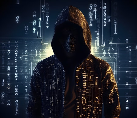 Anonymous hacker with hoodie. Concept of hacking cybersecurity, cybercrime, cyberattack, dark web, etc.の素材