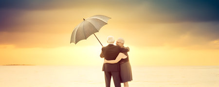 Elderly couple hugging each other at sunset beach. Concept of elderly love.の素材