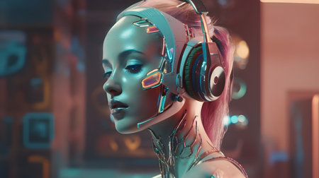 AI robotic vocalist. Concept of AI generated song or music.の素材