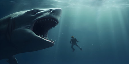 Hungry demon shark going to catch diver at deep ocean. Adventure at sea.の素材