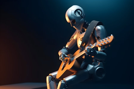 AI robot musician playing guitar. Futuristic entertainment on stage.の素材