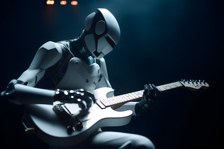 AI robot musician playing guitar. Futuristic entertainment on stage.の素材