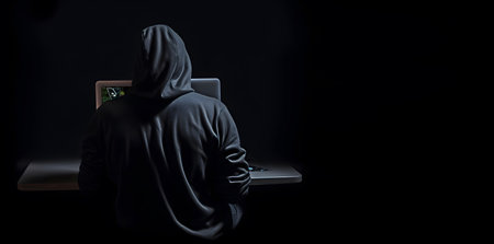 Back view of anonymous hacker with hoodie. Concept of dark web, hacking cybersecurity, cybercrime, cyberattack, etc.の素材