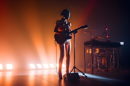 AI robot musician playing guitar. Futuristic entertainment on stage.の素材