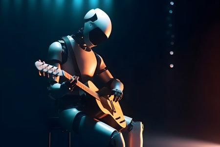 AI robot musician playing guitar. Futuristic entertainment on stage.の素材