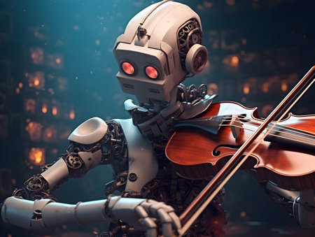 AI robot musician playing violin. Futuristic entertainment on stage.の素材