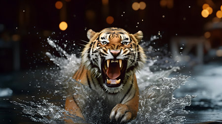 Roaring tiger crossing the stream.の素材