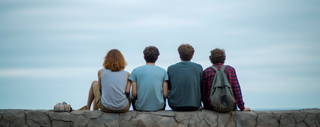 Friends group sitting on the brick platform, sharing a moment of peaceful time at the sea. They celebrate their friendship, creating memories.の素材