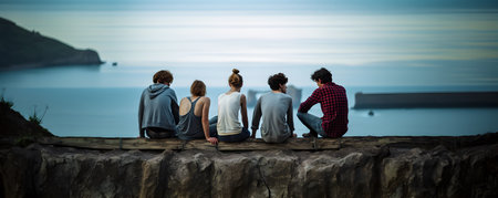 Friends group sitting on the brick platform, sharing a moment of peaceful time at the sea. They celebrate their friendship, creating memories.の素材