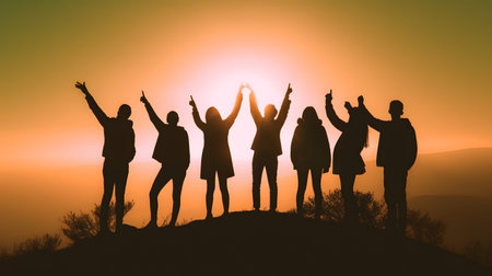 Silhouette of friends group share a moment of pure joy and happiness at sunset. They celebrate their friendship, creating memories that will last a lifetime.の素材