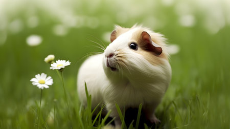 Cute guinea pig with small white flowersの素材