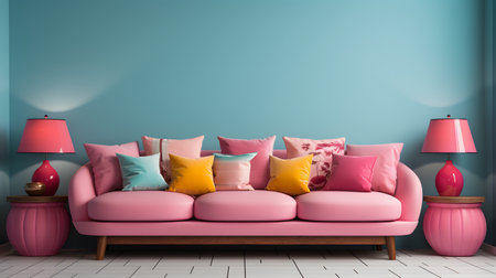 Interior home design. Minimalistic living room decoration with pillows.の素材