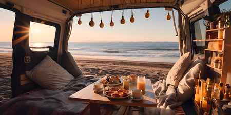 Beach scene seen by camper inside the camper van at sunset.の素材