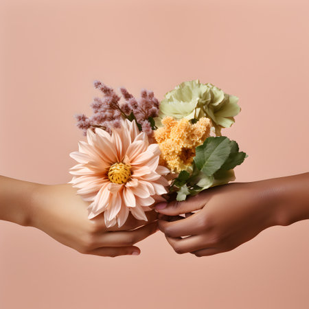 Hands with different skin colors holding beautiful flowers. Beauty diversity, multiethnic concept.の素材