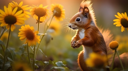 Cute squirrel and beautiful flowers in the garden.の素材