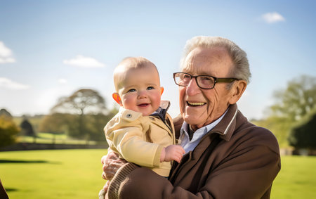 Happy grandfather hugging his grandchild. Concept of happy grandfather day, grandparents day.の素材