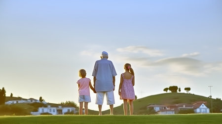Grandfather and  his granddaughters at the evening. Concept of happy grandfather day, grandparents day, grandchildren day.の素材