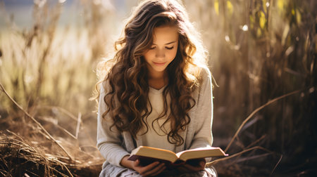 Pretty young woman reading bible book. Sunday school.の素材