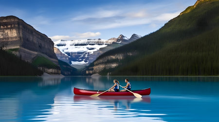 Two people riding canoe in a lake with background of beautiful mountains.の素材
