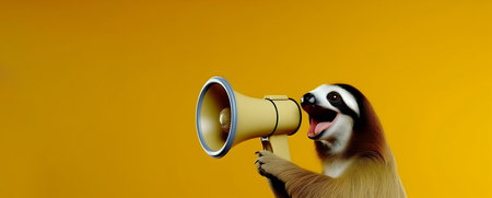 Sloth animal announcing using a hand speaker. Notifying, warning, announcement.の素材