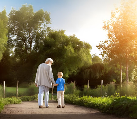 Grandfather walking together with his grandchild at sunset. Concept of happy grandfather day, grandparents day.の素材