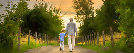 Grandfather walking together with his grandchild at sunset. Concept of happy grandfather day, grandparents day.の素材