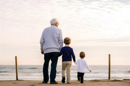 Grandfather walking together with his grandchildren at the beach. Concept of happy grandfather day, grandparents day.の素材