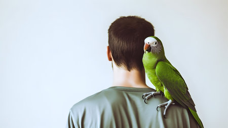 Beautiful green Monk parrot sitting on shoulder of man. Guy is having domesticated friendly and affectionate Quaker parrot.の素材