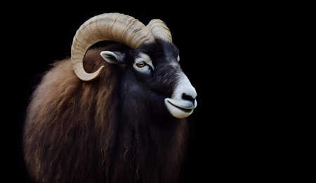 Head shot of dark ram with large helix shaped horns isolated against black backgroundの素材