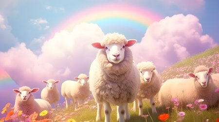 Flock of sheep in the green pasture. Lamb groupの素材