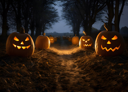 Halloween pumpkins at the mysterious nightの素材