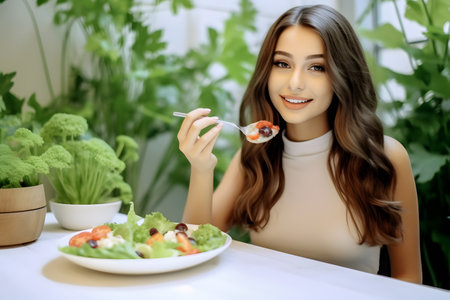 Young woman eating healthy food and sitting in the dining room decorated with green plants on the backgroundの素材