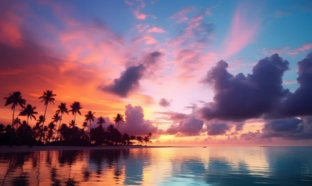 Silhouette of coconut palm trees on beach at sunset.の素材