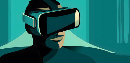 Flat vector illustration of man with a VR headset and experiencing virtual reality simulation or metaverse.の素材